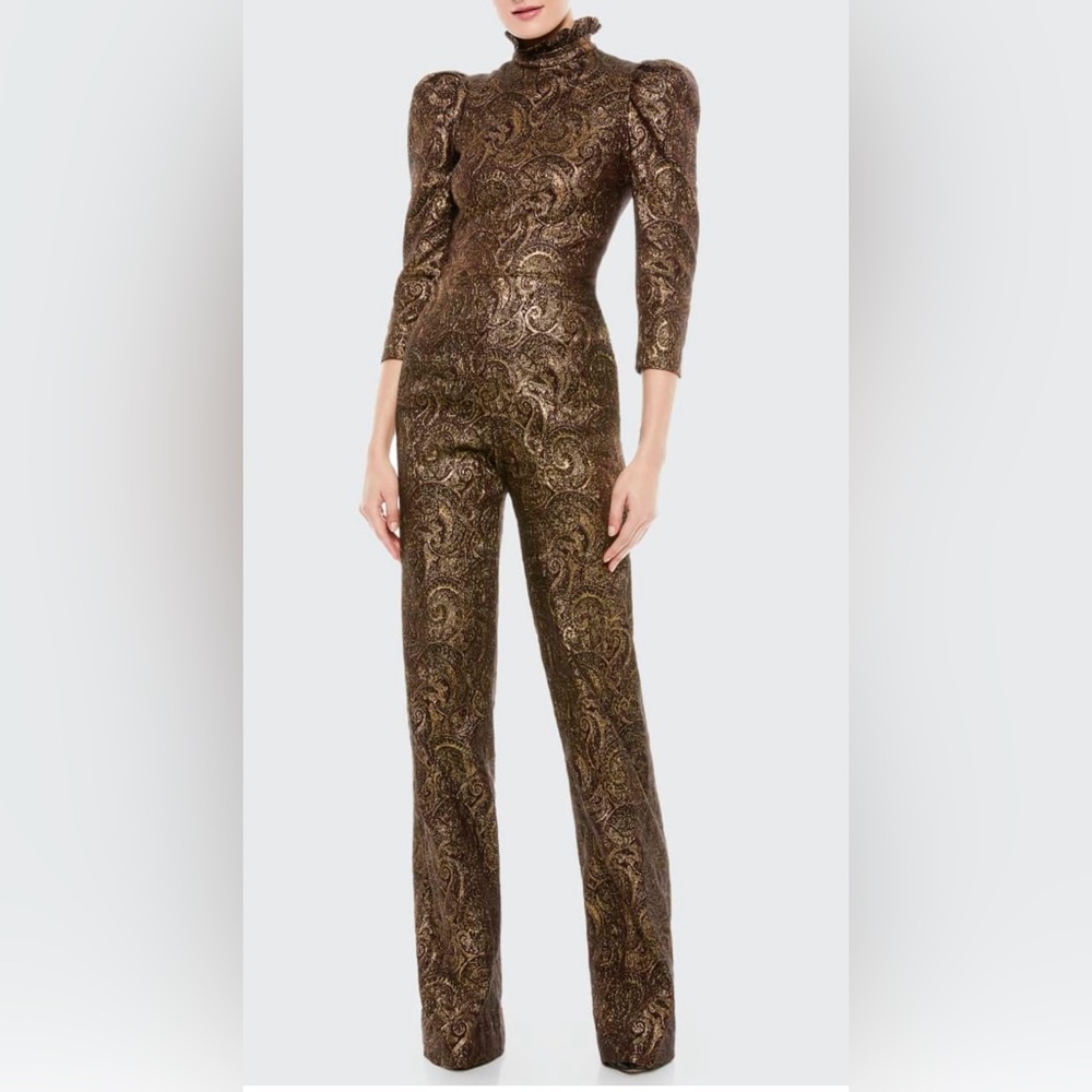 Alice and Olivia Jorah Brocade Puff Sleeve Wide Leg Metallic Jumpsuit (size 2)